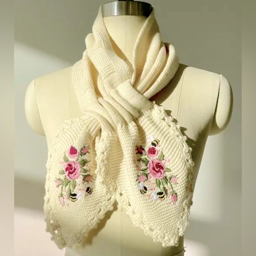 Vintage Inspired Knit scarf winter embroidered off white flowers NEW